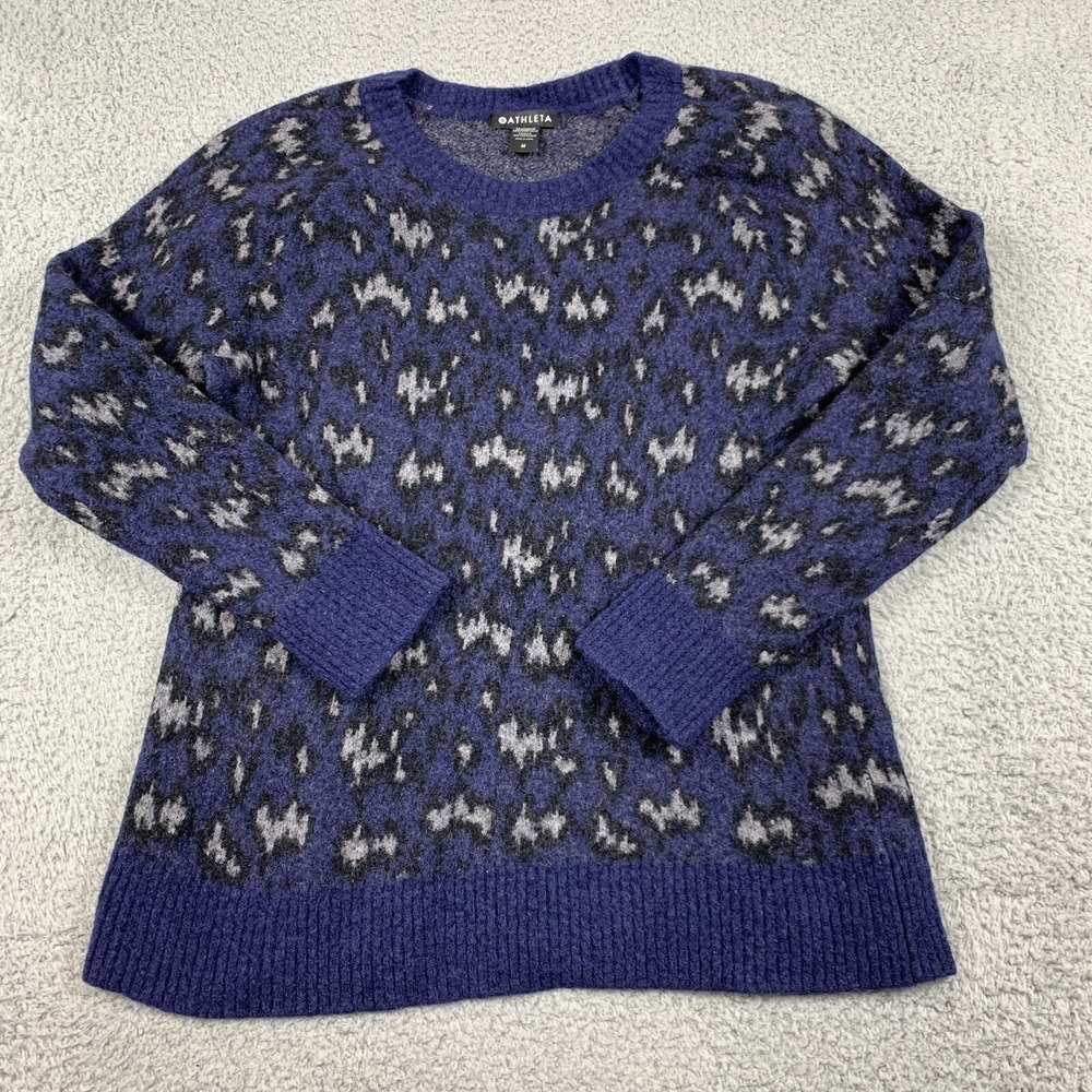 Athleta Hawthorn Textured Crew Sweater Womens Medium Purple Leopard Merino Wool